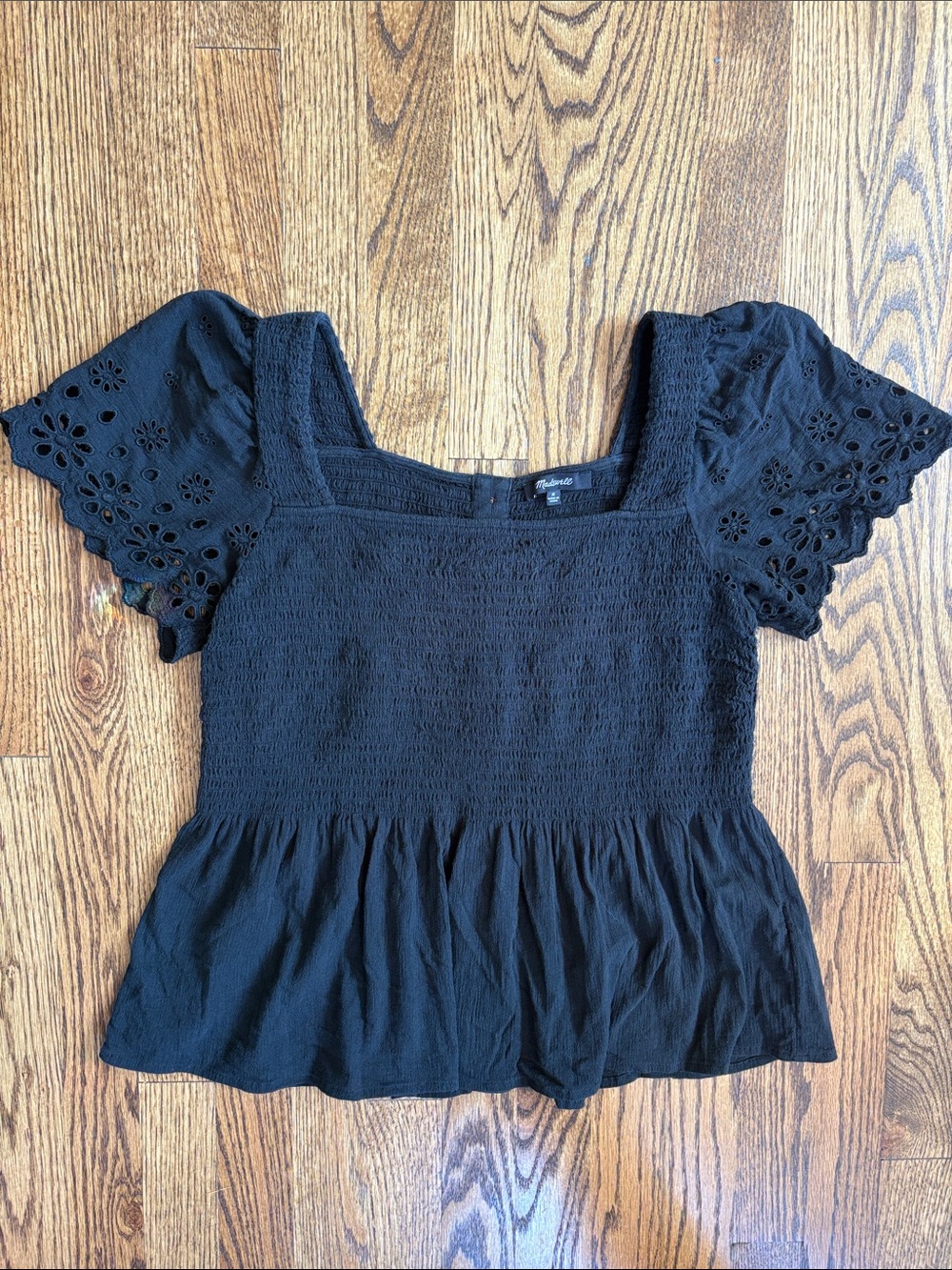 Madewell black Lucie Smocked Top With Eyelet Sleeves, size M. Like new condition